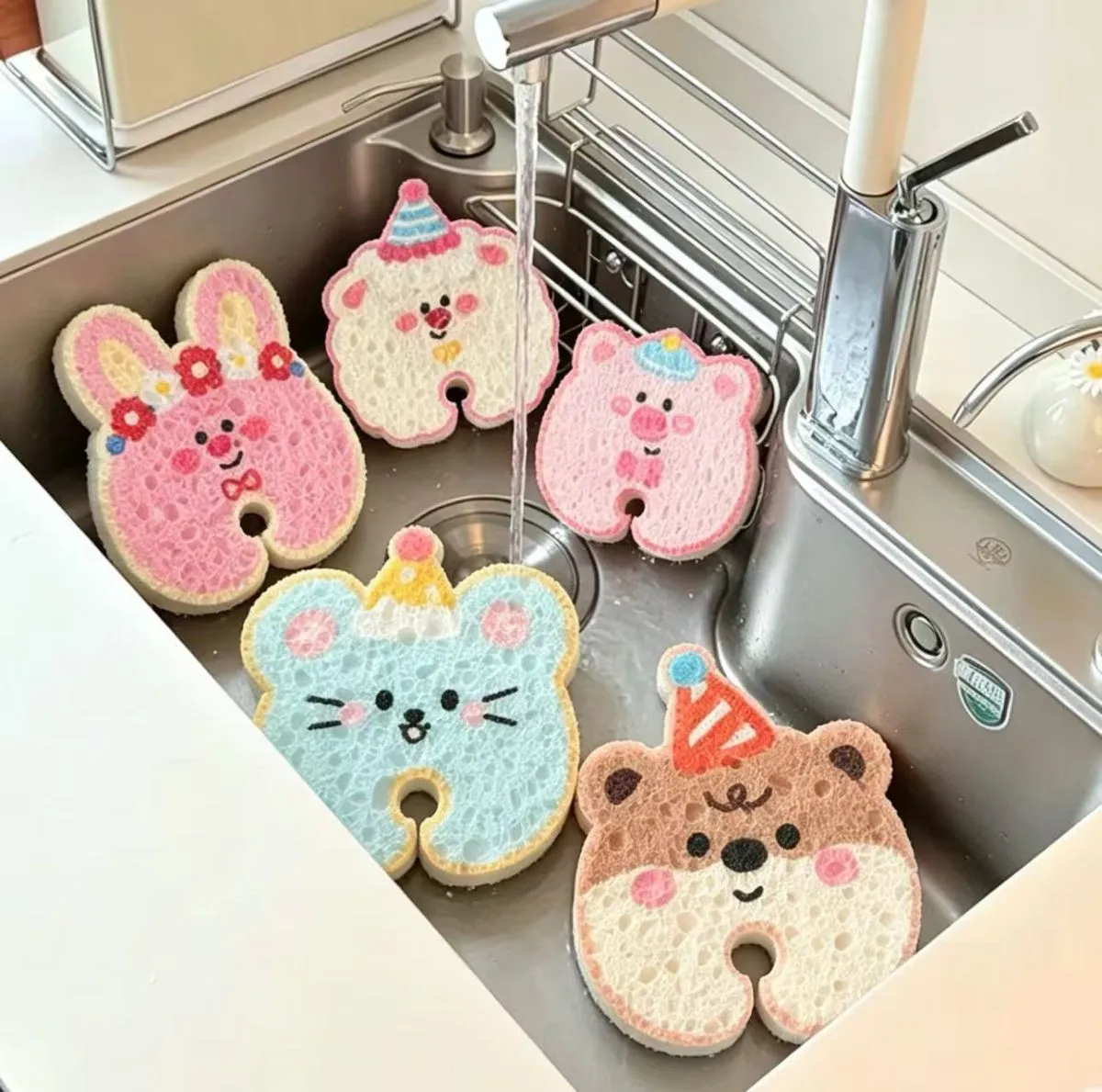 Party Animal Wood Pulp Sponge – Cute Cellulose Dish Sponge Block, High-Aesthetic Kitchen Scrubber for Home Dish Washing